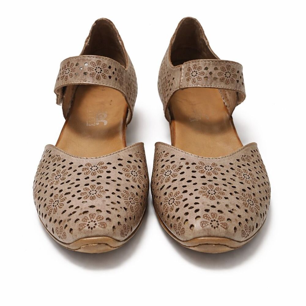 Rieker Perforated Mary Jane Heels Taupe Leather Women 7.5 Boho Comfort